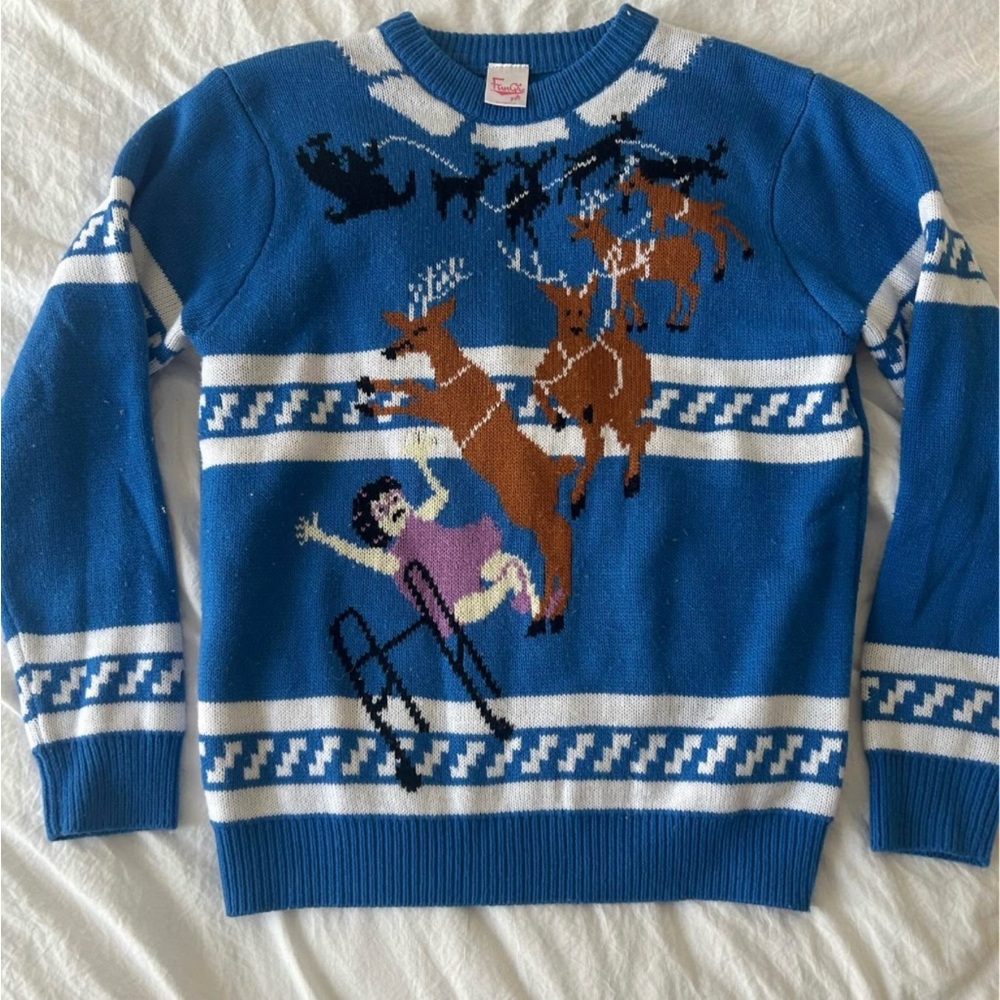 Ugly X-mas sweater. Blue Grandma got run over by a Reindeer.